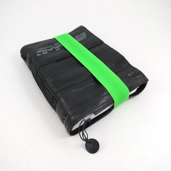 Journal, recycled bicycle inner tube, handmade blank, medium. Neon green elastic closure