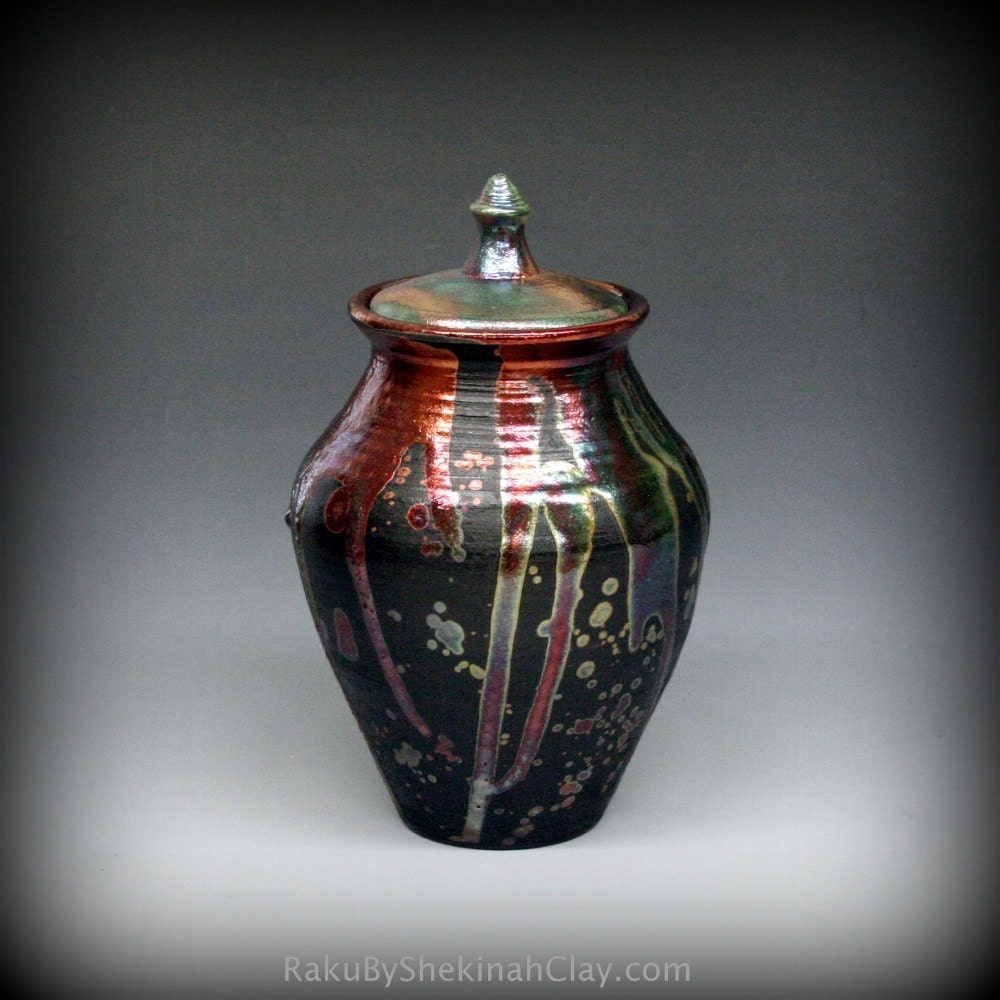 Raku Urn Raku Pottery Raku Lidded Vase Metallic and