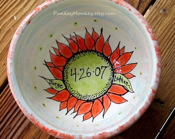 Custom wedding bowl pottery anniversary bowl xlarge serving bowl gift personalized mixing bowl with names kiln fired rustic sunflower bowl