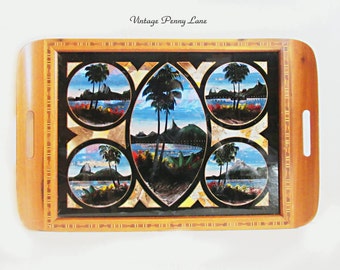 Vintage Butterfly Wing Tray, Handmade, Wood Inlay, Tropical Painting / Glass