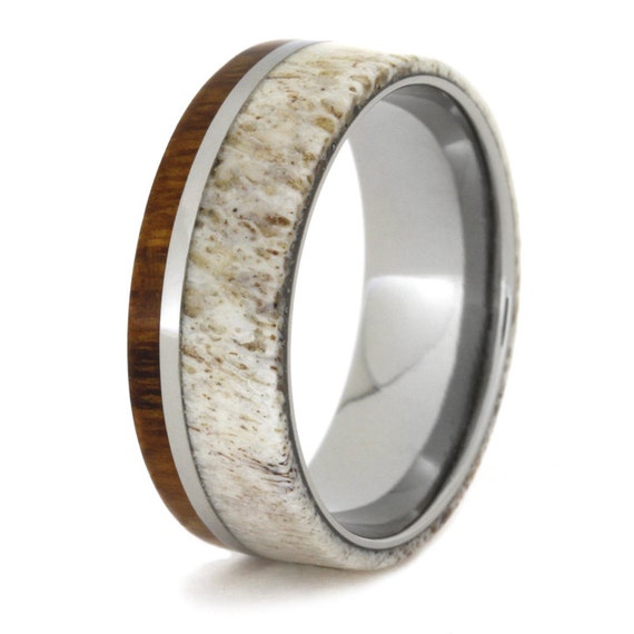 Deer Antler Wedding Band With Ironwood Titanium Ring Wooden