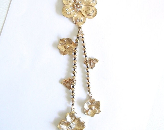 Flower Pendant with Drop Chains with Charms Textured Gold-tone