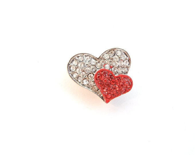 Small Double Heart Charm Pendant Clear and Red Rhinestones Silver-tone