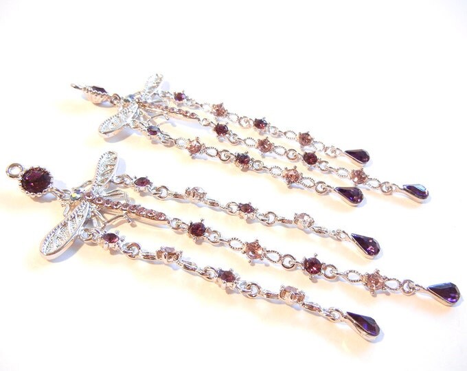 Pair of Long Dragonfly Drop Charm with Amthyst Purple Rhinestones