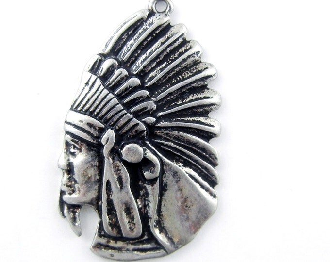 American Indian Profile Charm Pendant Antique Silver-tone