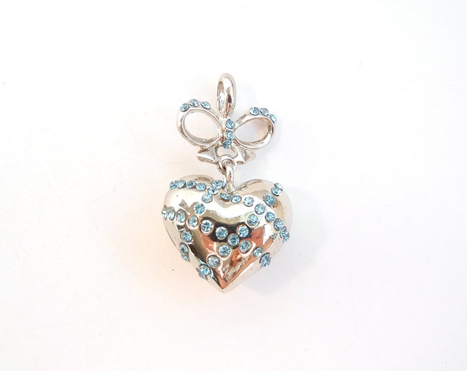Silver-tone Dimensional Heart with Blue Rhinestone Pendant