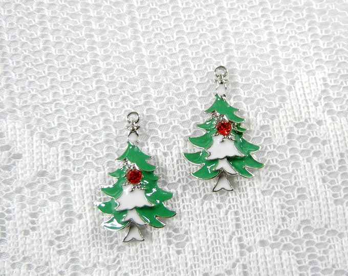 Pair of Christmas Tree Charms Green and White Epoxy Red Rhinestone