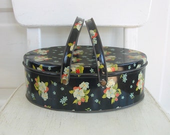 Vintage Metal Basket Box Biscuit Tin Flowers Black Retro Sewing