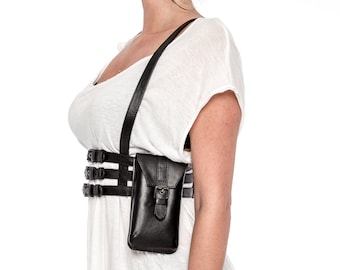 Items similar to Black Leather Harness Belt with Cell Phone Holder ...