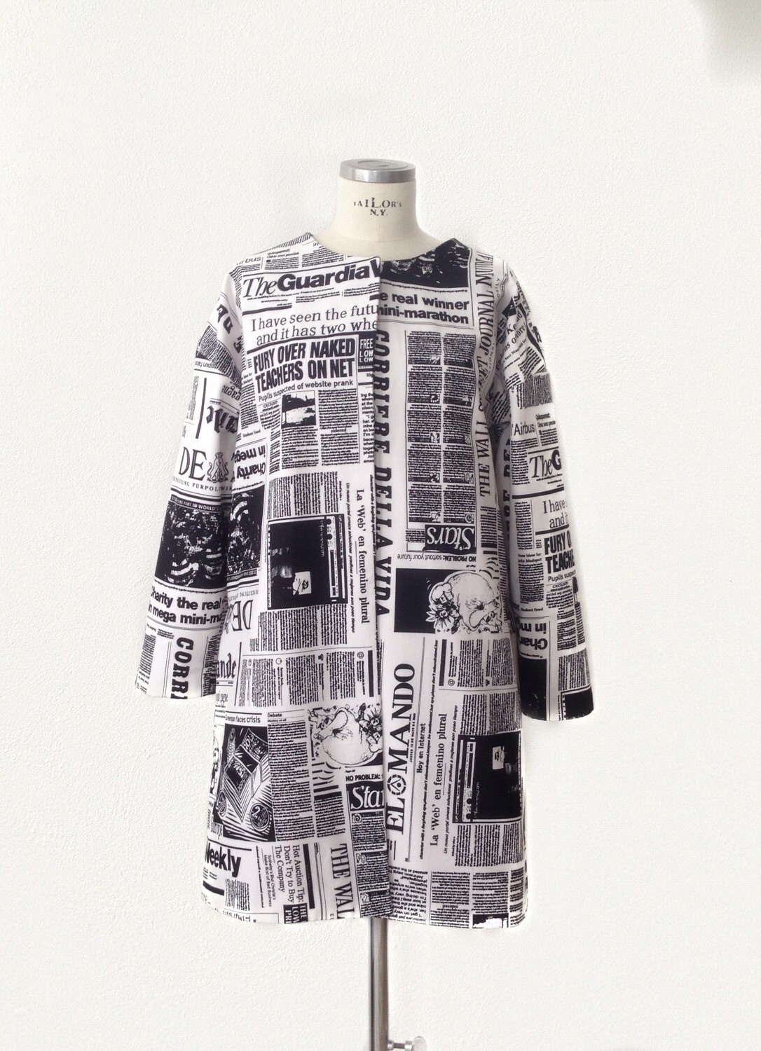 The Daily drop sleeve newspaper print coat by Suite on Etsy