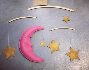 The Man In the Moon Mobile - Rose Moon with Gold Stars - Baby Mobile - Handmade Mobile - Nursery Mobile - Moon & Stars Mobile
