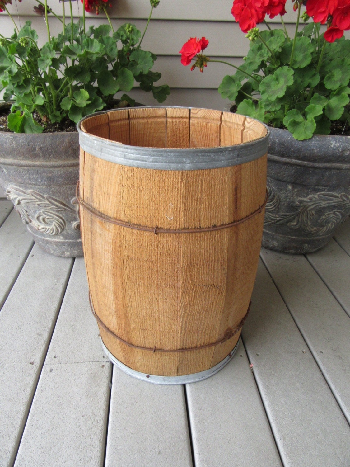 Very nice solid vintage wood nail keg/ barrel with metal