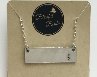 Semicolon necklace, stamped bar necklace, stamped jewelry, awareness jewelry