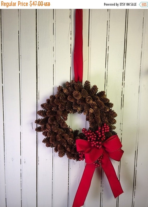 ON SALE Christmas Pine Cone Wreath, Red Berry Wreath for Christmas, Christmas Wreath