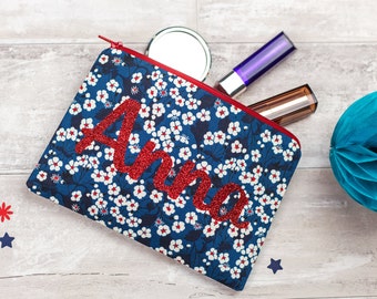 Name Make-Up Bag - personalised toiletries bag - Liberty zip pouch - personalized make up bag - washbag gift for friend - glitter name pouch