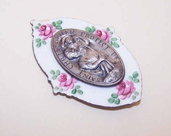 Vintage Car Medal,Silver Tone Metal,Enamel,Religious,Saint Christopher,St. Christopher Medal,Patron Saint,Travellers,Travelling,Pink Roses