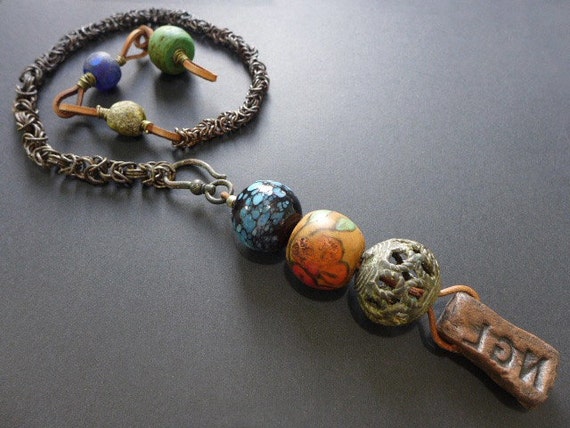 Primate Song. Colorful rustic long pendant lariat choker necklace. 