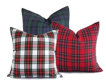Plaid Christmas Pillows, Set of 3 Christmas Cushion Covers, White Red Blue Plaid Pillow Covers, Traditional Holiday Pillows, 18x18 20x20