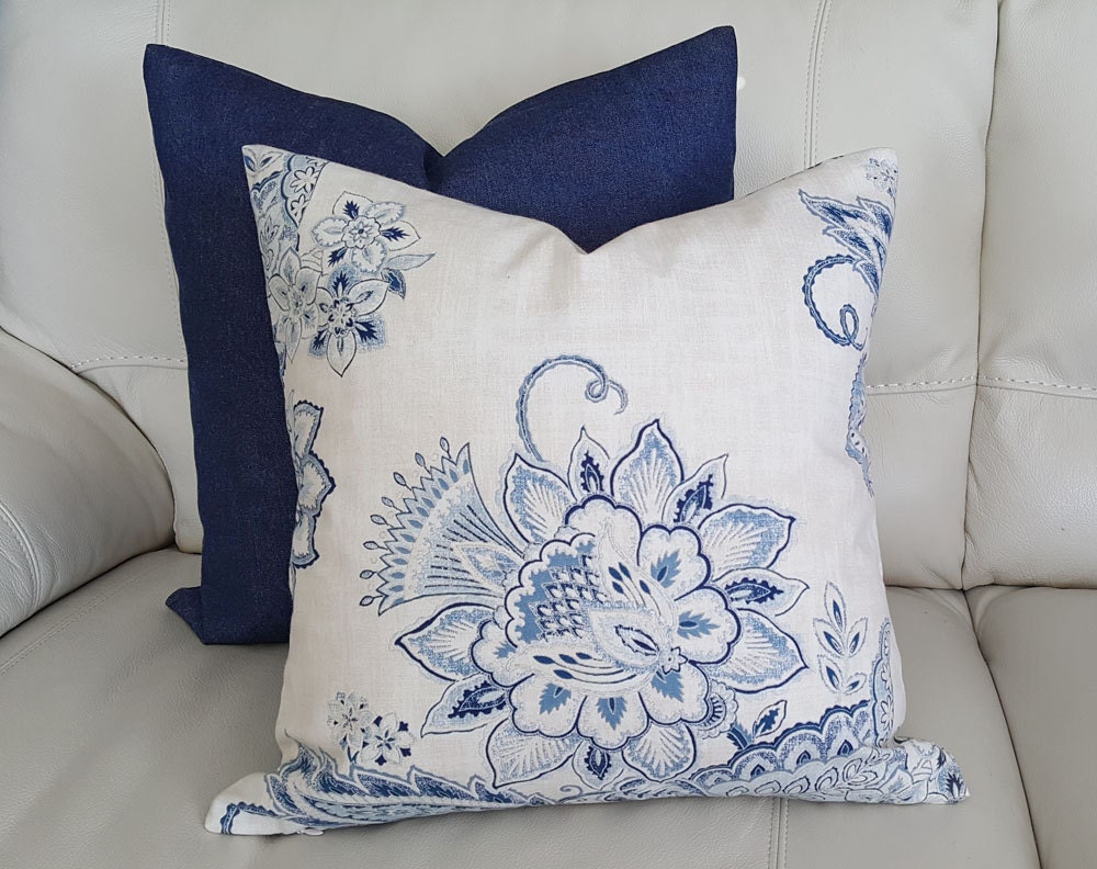 White Blue Floral Pillows Floral Designer Pillow Covers Blue