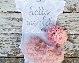 Baby Girl Coming Home Outfit Hello World Take Home Outfit Baby Girl Newborn Baby Girl Bodysuit Pink Bloomers Dusty Rose Silver Headband Set
