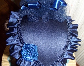Civil War Hat and Reticule,Victorian Ladies Hat,Navy Blue teardrop satin with Navy Blue Satin ruffle and Ribbon rose