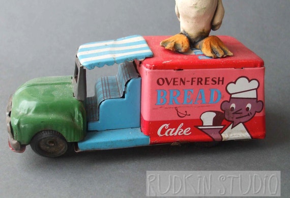 Lucky Duck on Antique Toy Bread Truck Whimsical Mixed Media