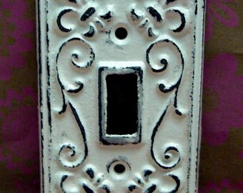 Fleur de lis Cast Iron Light Switch Plate Cover Single Wall FDL Shabby Style Chic Distressed Rustic French Decor Creamy Off White ( Ecru)