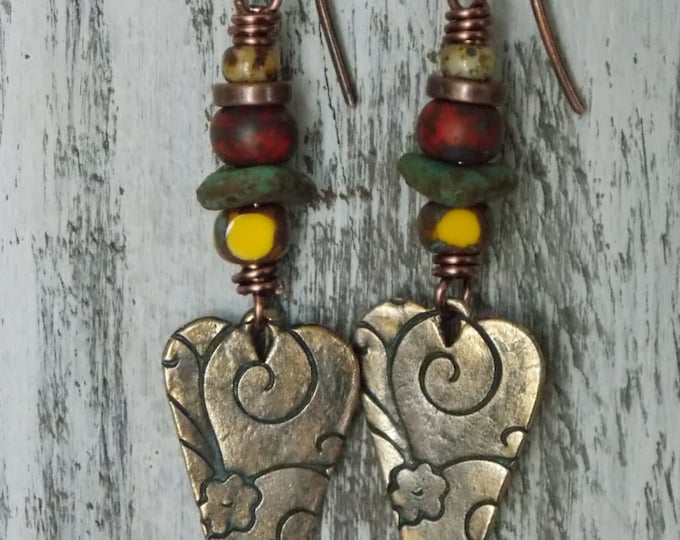 Mixed Rustic Czech Beaded Earrings,Picasso, Stone Woodland Red Yellow Green Czech Earrings Oxidized Copper Gold Heart Fall Earrings