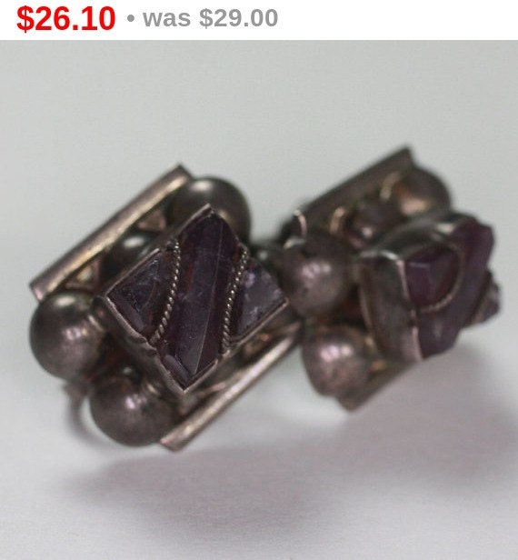 Amethyst and Silver Earrings Screw Back Mexico Vintage