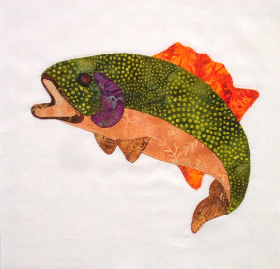 Appliqued Rainbow Trout Quilt Block by zizzybob on Etsy