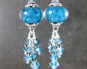 Boho Dangle Earrings, Blue Glass & Crystal Earrings, Caribbean Blue Aqua Blue Boro Lampwork Earrings, Sterling Silver Earrings Gypsy Jewelry