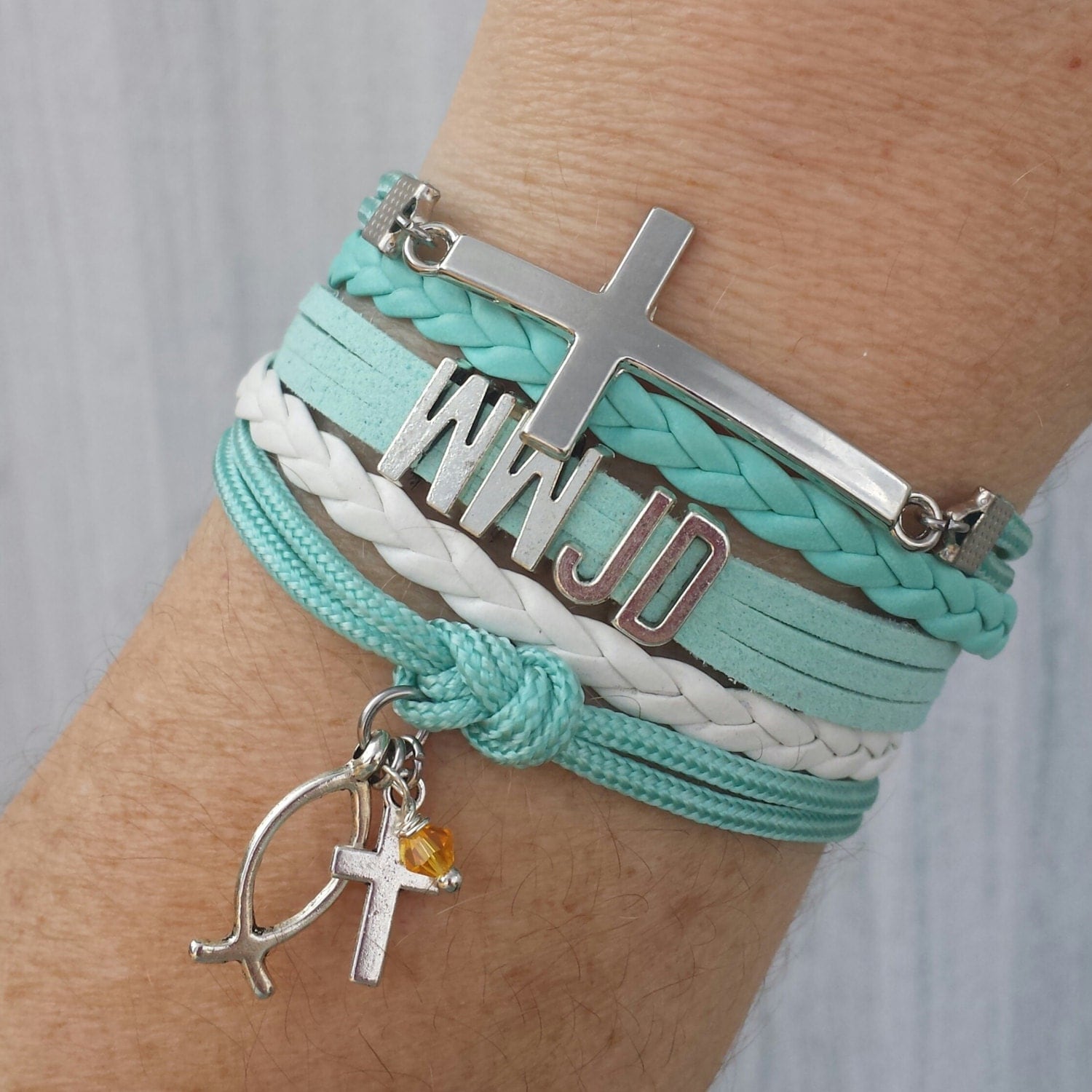 Layered WWJD Jesus Multistrand Bracelet in Mint Green with