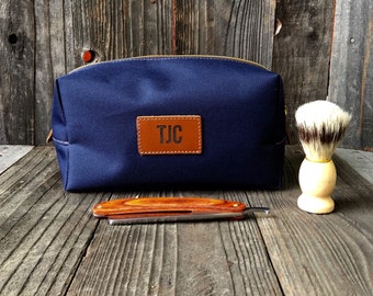 Canvas Dopp Kits - Mens Toiletry Bag - Groomsmen Gift - Leather Dopp Kit - Navy / Tan