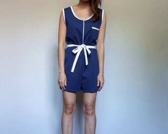 Summer Jumpsuit Womens Vintage One Piece Navy White 70s Playsuit 1970s Jumpsuit - Large L