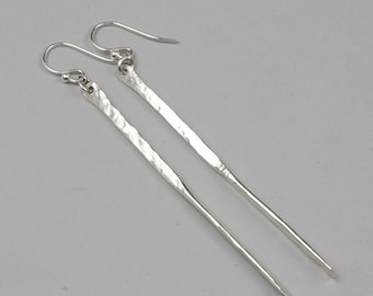 Long Silver Earrings, Handmade Hammered Silver Dangle Earrings, 3 inch long nickel free silver earrings, Long Skinny Silver Drops