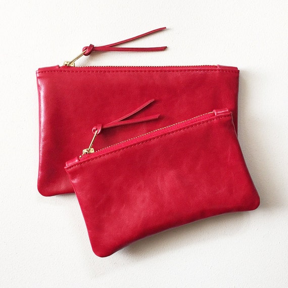 Red Leather Clutch Red Zipper Pouch Red Zipper Wallet