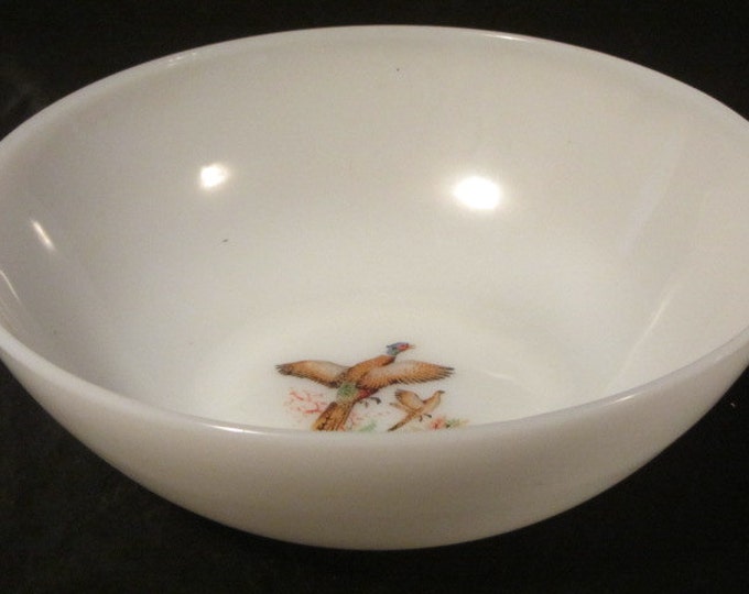 Vintage Milk Glass Bowl Featuring Ring Necked Pheasant Fire King Oven Ware Made In USA, Fire King Serving Bowl With Pheasant