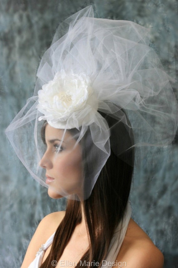 Bridal Hat Tulle Veil with Peony Flower Wedding Hat Veil