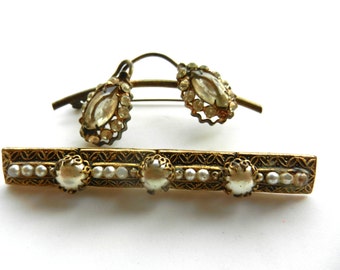 Authentic 1800s Victorian era Beautifully old brooches with pearls & unfoiled stones-collectors of hard to find antiques brooches-Art.240/4