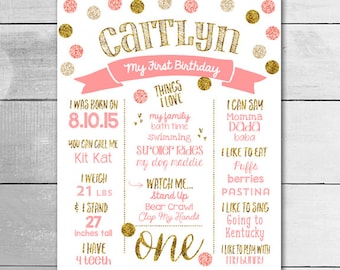 1ST Birthday Board / PRINTABLE Poster / Customized Birthday Sign / Pink and Gold Glitter Birthday Board / PRINTABLE POSTER / 1948