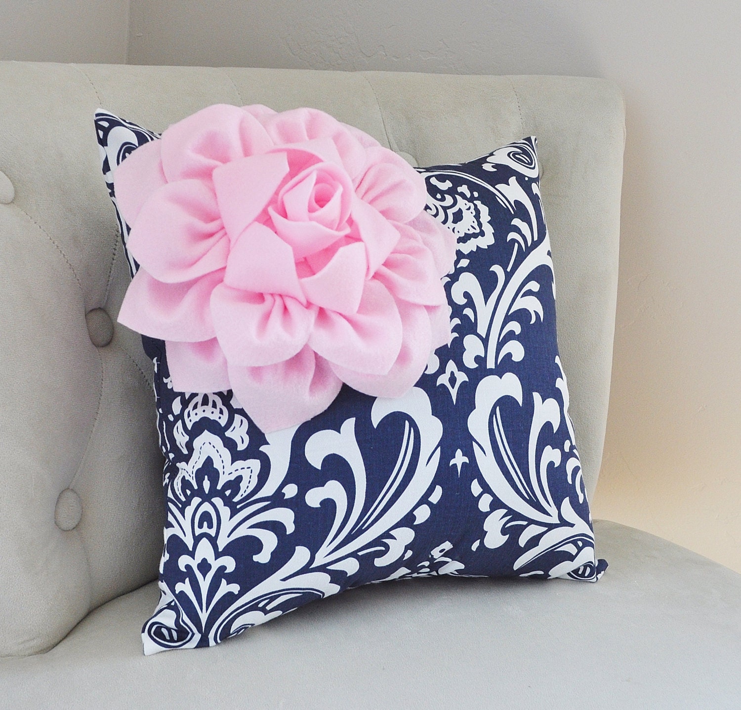 Navy Damask Pillow Decorative Pillows Light Pink Flower on