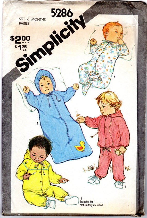 Vintage Simplicity 5286 Babies Bunting Coverall Pull on Pants and Jacket Onesie Pajama Pattern Size 6 months Unused Uncut