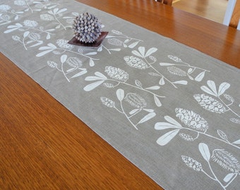 Linen Table Runner Hand Screen Printed White&Natural Australian Banksia