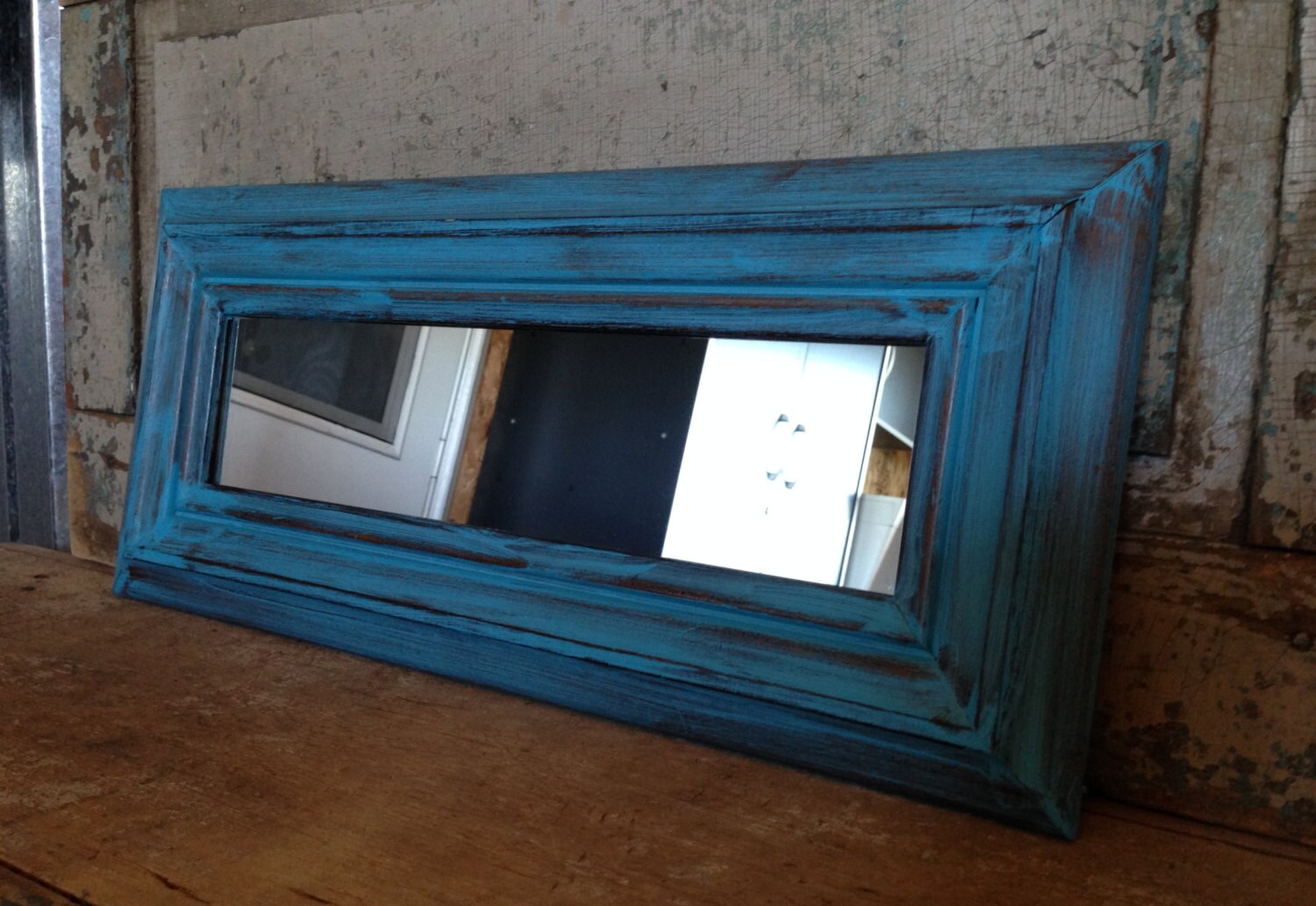 Mirror Wood Frame Turquoise Distressed