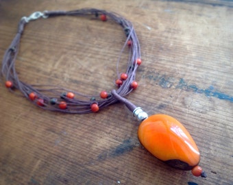 Orange Tagua Nut Pendant, Tagua Nut Necklace, Linen Jewelry, Boho Necklace, Natural Necklace, Tagua Jewelry