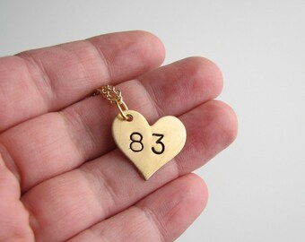 lucky number heart necklace . hand stamped brass heart necklace . personalized number necklace