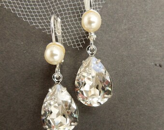 pearl bridal Earrings, Bridal Rhinestone Earrings, Statement Bridal Earrings, Swarovski Crystal earrings, teardrop wedding Earrings, ARIA