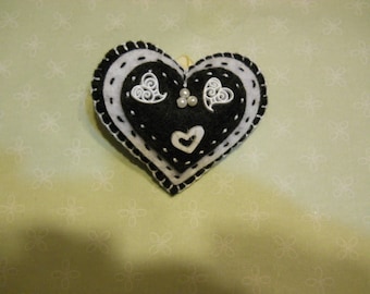 SALE Felt Heart Pin, Black and White Heart Pin, Felt Heart , Stuffed Felt Heart, Felt Heart Brooch, Birthday Gift, Mothers Day Gift