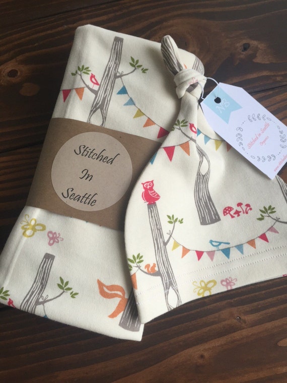 Sale Organic Swaddle Blanket & Baby Knot Hat by StitchedinSeattle