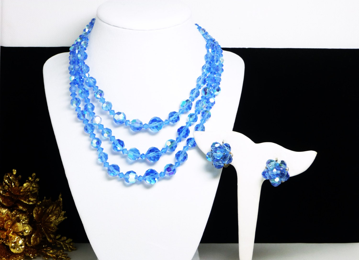 Vintage Blue Glass Crystal Necklace & Earrings Demi Parure